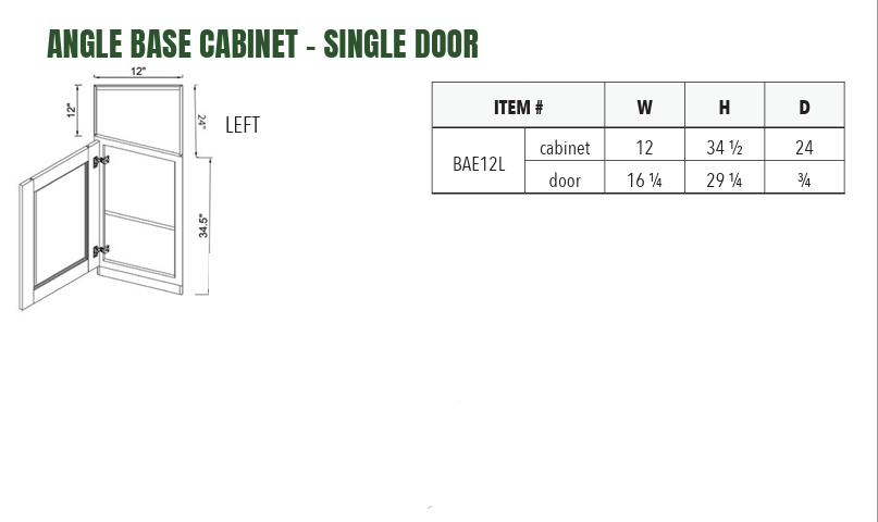 BAE12L - ANGLE BASE CABINET - SINGLE DOOR