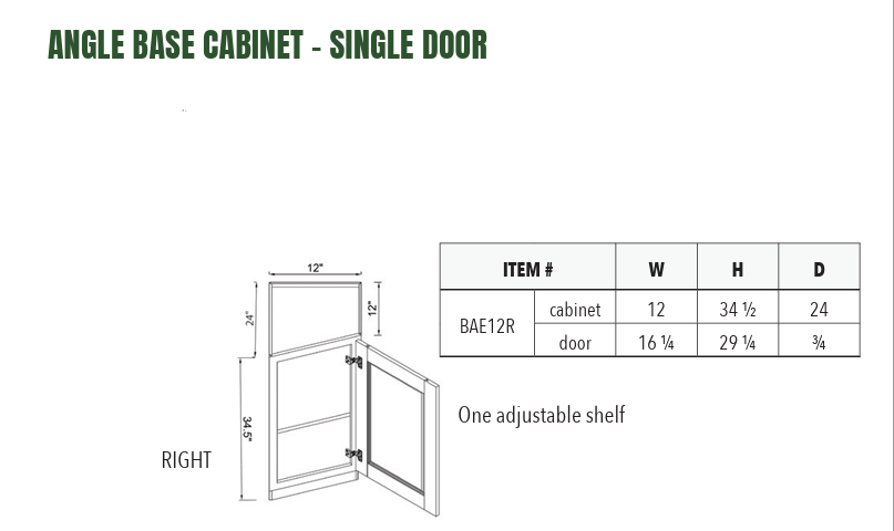 BAE12R - ANGLE BASE CABINET - SINGLE DOOR