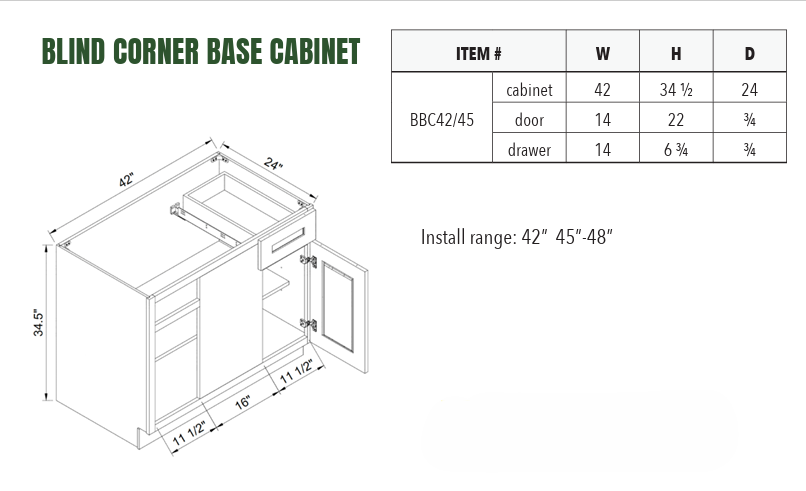 BBC42/45 - BLIND CORNER BASE CABINET