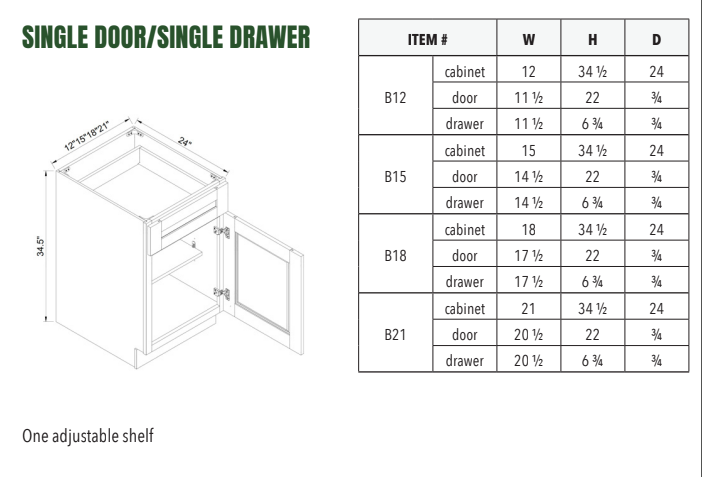 B18 - SINGLE DOOR/SINGLE DRAWER - BASE CABINET