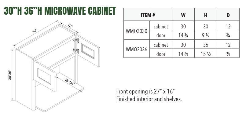 WMO3036 - 30”H 36”H MICROWAVE CABINET