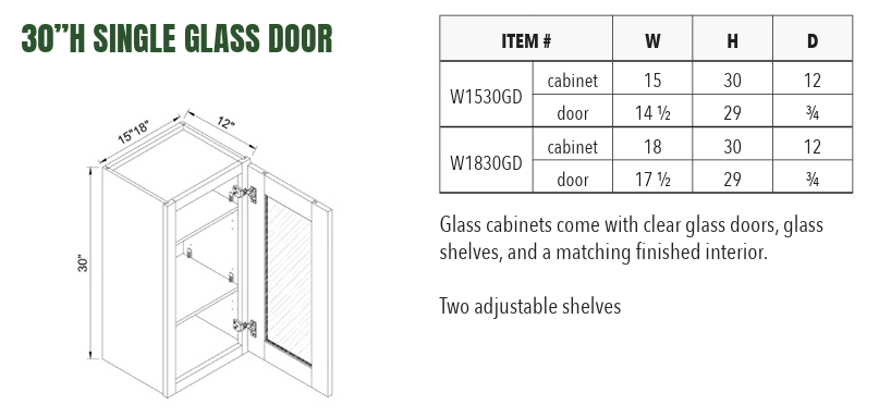 W1830GD - 30”H SINGLE GLASS DOOR