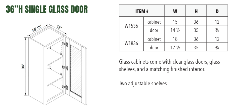 W1836GD - 36”H SINGLE GLASS DOOR