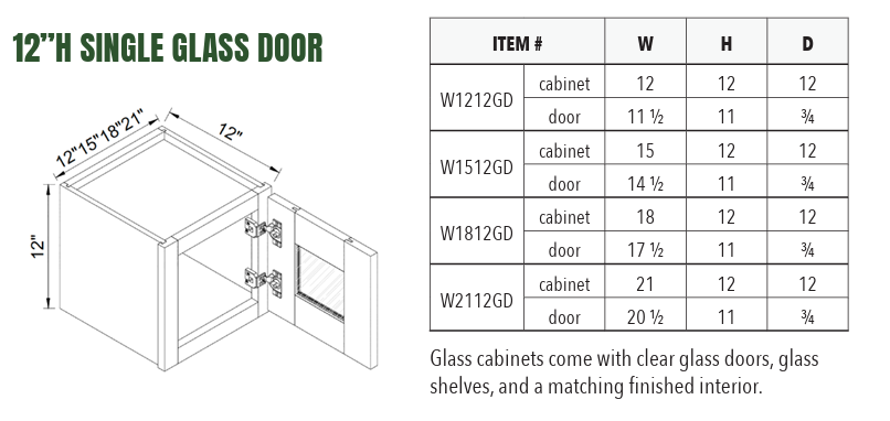 W1212GD - 12”H SINGLE GLASS DOOR