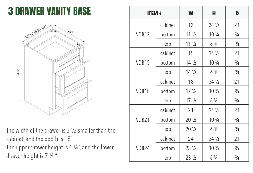 VDB24 - 3 DRAWER VANITY BASE