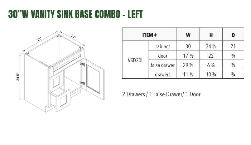 VSD30L - 30”W VANITY SINK BASE COMBO - LEFT