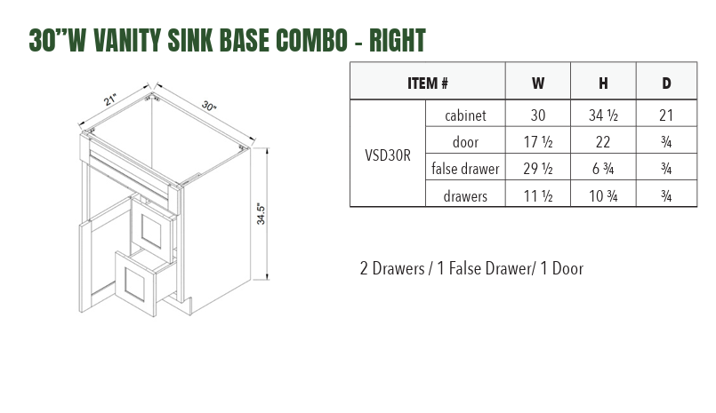 VSD30L - 30”W VANITY SINK BASE COMBO - LEFT