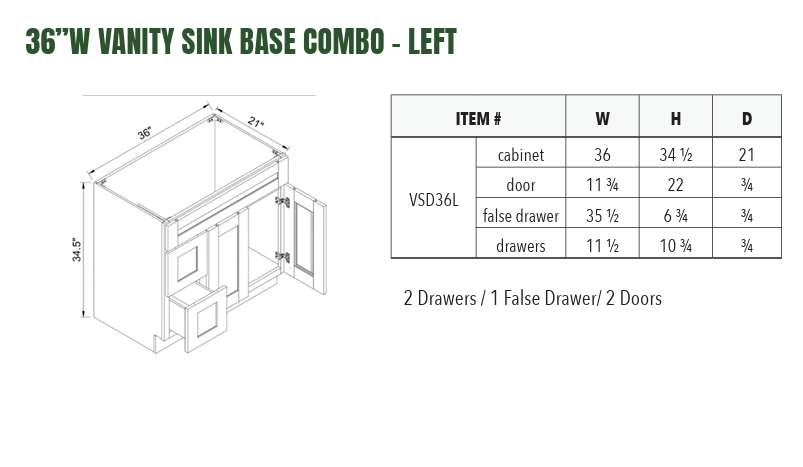 VSD36L - 36”W VANITY SINK BASE COMBO - LEFT