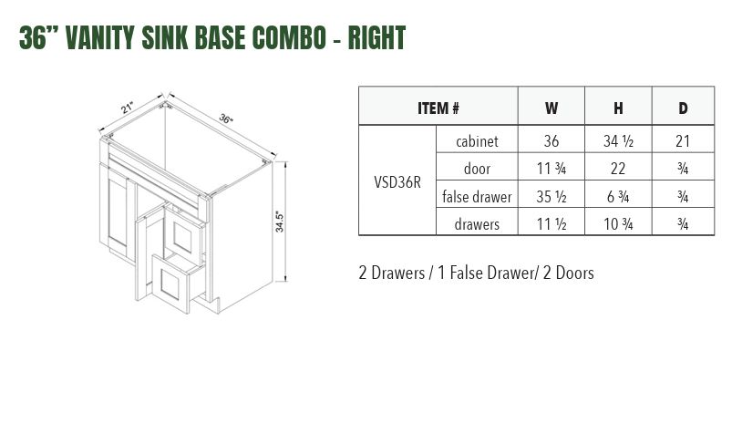 VSD36R - 36”W VANITY SINK BASE COMBO - RIGHT
