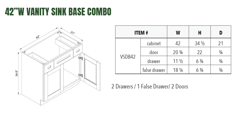 VSDB42 - 42”W VANITY SINK BASE COMBO