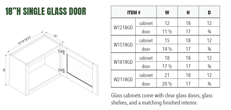 W1218GD - 18”H SINGLE GLASS DOOR